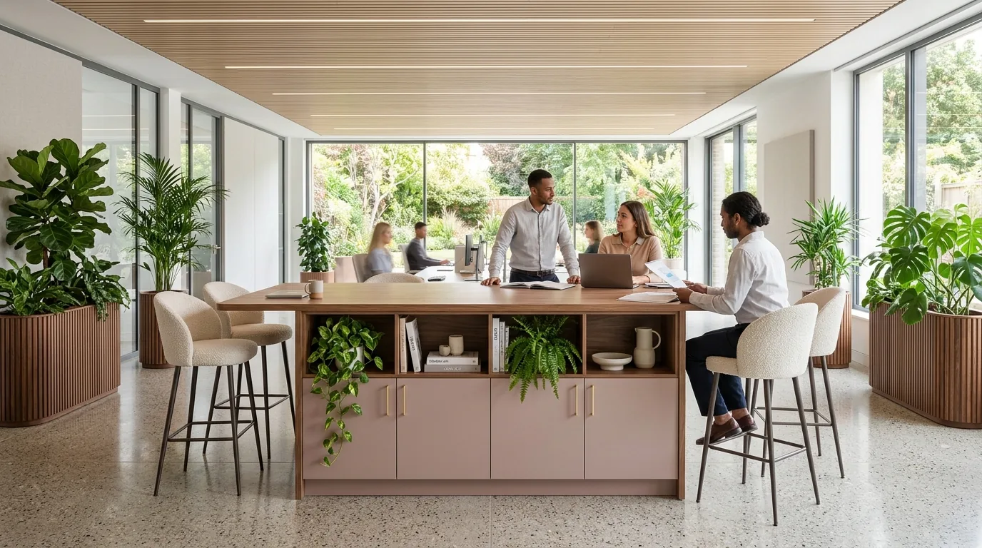 Joy Collection collaboration island in Rosa Viola with walnut woodgrain